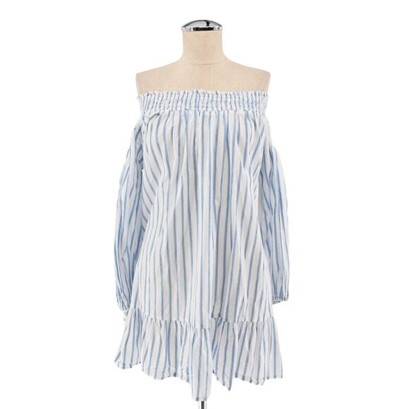 FAITHFULL‎ THE BRAND Dress Womens Size 4 Milos Off The Shoulder Mini Blue Stripe - Picture 1 of 10